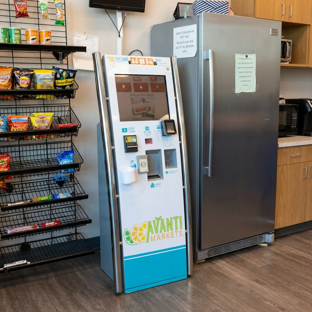 Modern workplace micro market with shelves, coolers, and self-checkout