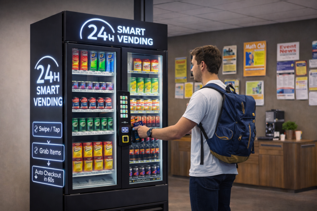 Man using contactless payment at a 24-hour smart vending machine to buy snacks and drinks